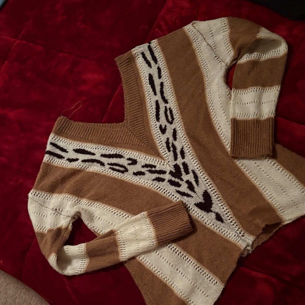 Striped V-Neck Sweater - Brown and Cream